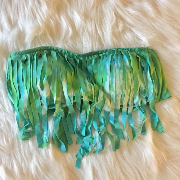 Lucky Brand M Summer Time Tie Dye Fringe Bandeau Bikini Top Swimsuit Green Boho - Picture 4 of 10